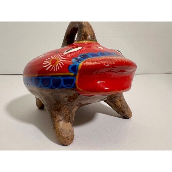 Clay Frog Coin Bank Vintage Mexican Folk Art Pottery Piggy Bank Hand Painted - Picture 2 of 5